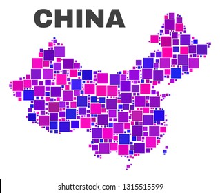 Mosaic China map isolated on a white background. Vector geographic abstraction in pink and violet colors. Mosaic of China map combined of scattered square elements.