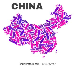 Mosaic China map isolated on a white background. Vector geographic abstraction in pink and violet colors. Mosaic of China map combined of scattered circle points and lines.