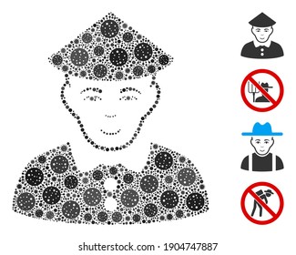 Granjero chino mosaico diseñado a partir de íconos del virus SARS en diferentes tamaños y tonos de color. Los íconos virales vectoriales se componen en un ícono abstracto del agricultor chino de mosaico. Se añaden algunos iconos adicionales.