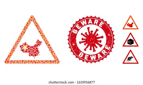 Mosaic chinese warning icon and red round grunge stamp seal with Beware phrase and coronavirus symbol. Mosaic vector is composed from chinese warning icon and with scatteredinequal parts.
