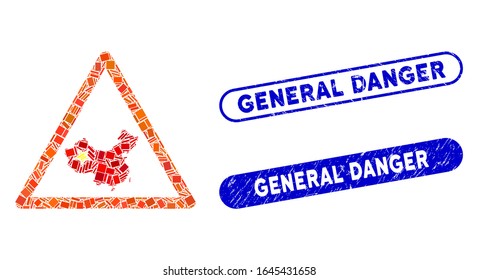 Mosaic chinese warning icon and red round rubber stamp watermark with General Danger text and coronavirus symbol. Mosaic vector is created with chinese warning icon and with random round spots.