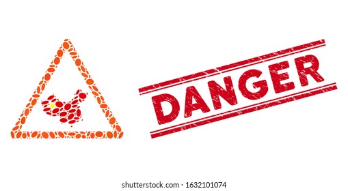 Mosaic chinese warning icon and rubber stamp seal with red Danger phrase between double parallel lines. Mosaic vector is composed with chinese warning icon and with scattered elliptic items.