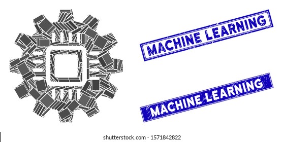 Mosaic chip development gear icon and rectangle Machine Learning seal stamps. Flat vector chip development gear mosaic icon of random rotated rectangle items.