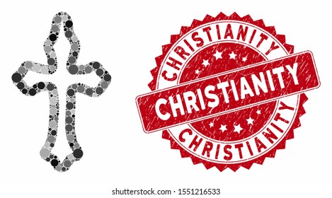 Mosaic christian cross and grunge stamp watermark with Christianity phrase. Mosaic vector is designed with christian cross icon and with scattered circle spots. Christianity stamp uses red color,