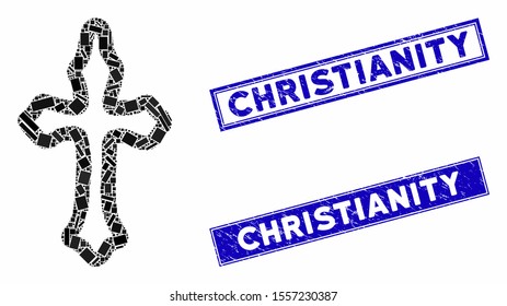 Mosaic christian cross icon and rectangle stamps. Flat vector christian cross mosaic icon of randomized rotated rectangle elements. Blue caption rubber stamps with distress textures.