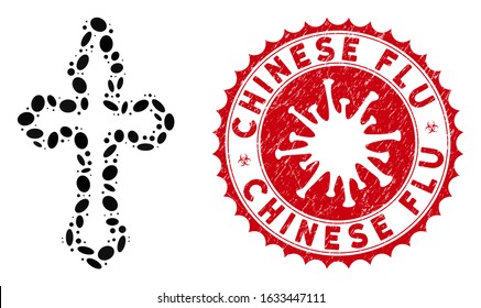 Mosaic christian cross icon and red round distressed stamp seal with Chinese Flu phrase and coronavirus symbol. Mosaic vector is formed with christian cross icon and with randomized ellipse elements.