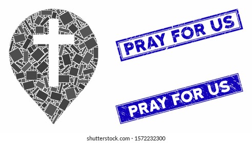 Mosaic Christian cross marker pictogram and rectangle Pray for Us rubber prints. Flat vector Christian cross marker mosaic pictogram of random rotated rectangle elements.