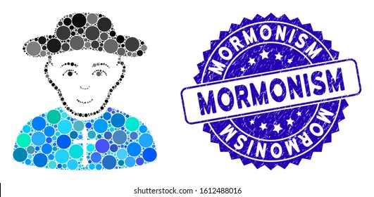 Mosaic Christian priest icon and rubber stamp watermark with Mormonism text. Mosaic vector is created with Christian priest icon and with randomized spheric items.