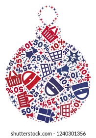 Mosaic christmas ball constructed with blue and red shopping symbols. Retail composition of mosaic christmas ball icon. Flat design for shopping templates.