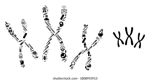 Mosaic chromosomes from medicine symbols and basic icon. Mosaic vector chromosomes is composed from healthcare items. Flat illustrations elements for doctor illustrations.