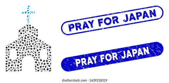 Mosaic church building and grunge stamp seals with Pray for Japan text. Mosaic vector church building is formed with randomized oval spots. Pray for Japan seals use blue color,