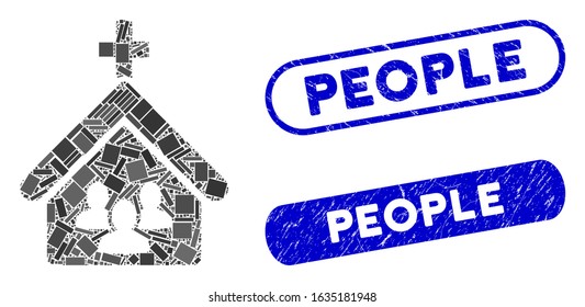 Mosaic church people and corroded stamp watermarks with People caption. Mosaic vector church people is created with random rectangle items. People stamp seals use blue color,
