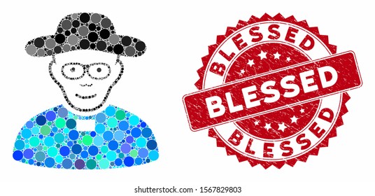 Mosaic church shepherd and grunge stamp seal with Blessed phrase. Mosaic vector is composed with church shepherd icon and with scattered spheric elements. Blessed seal uses red color,