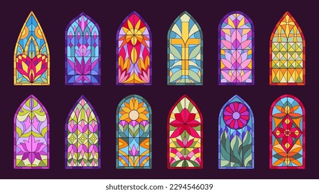 Mosaic church windows. Cartoon stained glass windows, decorative abstract mosaic frames flat vector illustration set. Cafedral arch windows