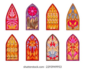 Mosaic church windows. Stained glass decorative windows, cathedral stained glasses. Geometric and floral design windows flat cartoon vector illustration set