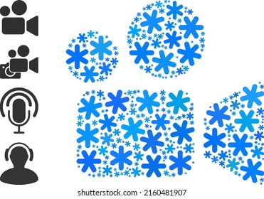 Icono de cine mosaico creado para invierno, Año Nuevo, Navidad. El mosaico del icono del cine está construido con partes de nieve azul claro. Se añaden algunos iconos adicionales.