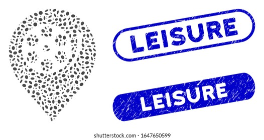Mosaic cinema roll marker and grunge stamp seals with Leisure caption. Mosaic vector cinema roll marker is formed with scattered ellipse parts. Leisure stamp seals use blue color,