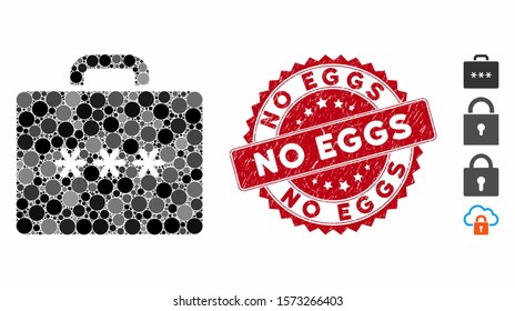 Mosaic cipher case icon and distressed stamp seal with No Eggs phrase. Mosaic vector is created with cipher case pictogram and with randomized circle elements. No Eggs stamp seal uses red color,