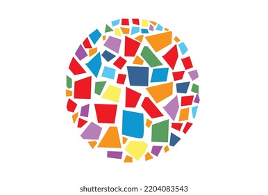 Mosaic circle on white background.  
 rainbow circle with central floral motif, geometric decorative element.Ceramic tile texture.