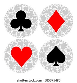 Mosaic circle of poker playing card suit with main symbol in the middle - heart, diamond, spade and club. Flat vector illustration on white background.