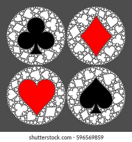 Mosaic circle of poker playing card suit with main symbol in the middle - heart, diamond, spade and club. Flat vector illustration on grey background.