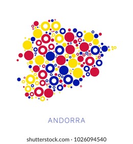 mosaic of circles of different sizes and colors in shape of map of andorra