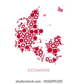 mosaic of circles of different sizes and colors in shape of map of Denmark