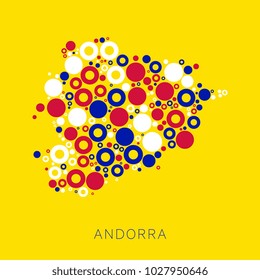 mosaic of circles of different sizes and colors in shape of map of Andorra