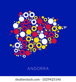 mosaic of circles of different sizes and colors in shape of map of Andorra
