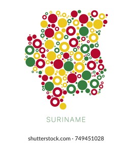 mosaic of circles of different sizes and colors in shape of suriname map