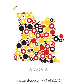 mosaic of circles of different sizes and colors in shape of angola map