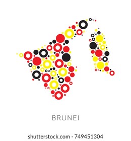 mosaic of circles of different sizes and colors in shape of brunei map