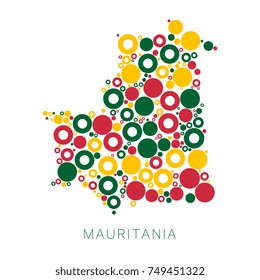 mosaic of circles of different sizes and colors in shape of mauritania map