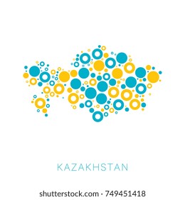 mosaic of circles of different sizes and colors in shape of kazakhstan map