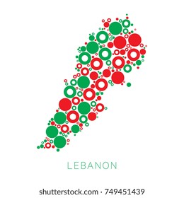 mosaic of circles of different sizes and colors in shape of lebanon map