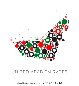 mosaic of circles of different sizes and colors in shape of united arab emirates map