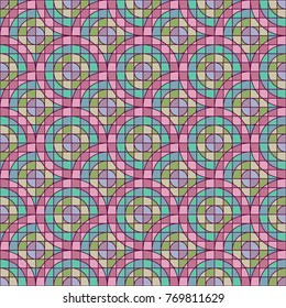 Mosaic circles pattern. Seamless stained glass painting background.