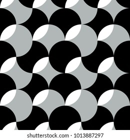 Mosaic of circles, semi circles and fan shaped elements. Geometric vector seamless pattern. 