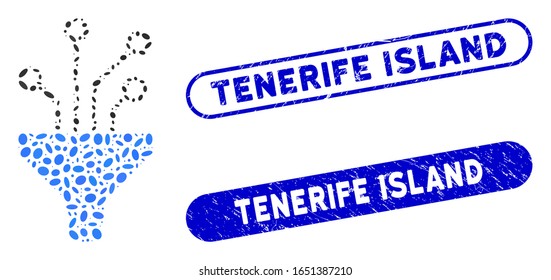 Mosaic circuit filter and corroded stamp seals with Tenerife Island phrase. Mosaic vector circuit filter is designed with randomized elliptic items. Tenerife Island stamp seals use blue color,