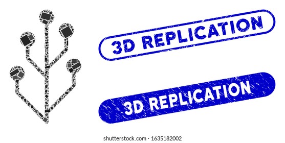 Mosaic circuit tree and grunge stamp seals with 3D Replication phrase. Mosaic vector circuit tree is composed with scattered rectangles. 3D Replication stamp seals use blue color,