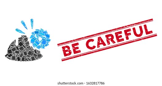 Mosaic circular blade head protection pictogram and red Be Careful stamp between double parallel lines.