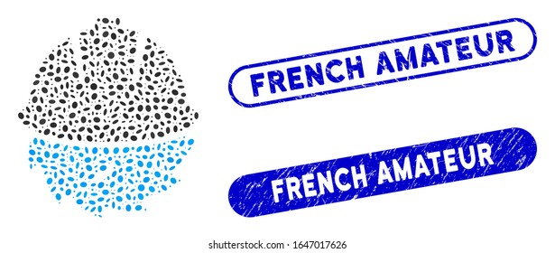 Mosaic circular blade safety and rubber stamp watermarks with French Amateur text. Mosaic vector circular blade safety is composed with randomized ellipse parts.