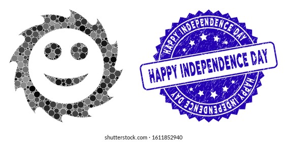 Mosaic circular blade smile icon and grunge stamp watermark with Happy Independence Day caption. Mosaic vector is formed with circular blade smile icon and with random circle spots.