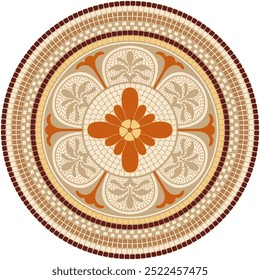 Mosaico ornamento floral circular em cores laranja, bege e marrom. Para cerâmica, azulejos, ornamentos, fundos e outros projetos.	