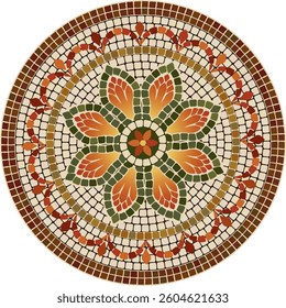 Mosaic circular floral ornament in yellow, orange, brown and green colors. For ceramic, tiles, ornaments, backgrounds and other projects