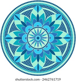 Mosaic circular ornament of blue colors in roman style. For ceramics, tiles, ornaments, backgrounds and other projects.