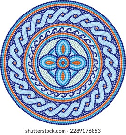 Mosaic circular ornament in blue and orange colors. For ceramics, tiles, ornaments, backgrounds and other projects.