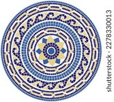 Mosaic circular ornament in blue and yellow colors. For ceramics, tiles, ornaments, backgrounds and other projects.

