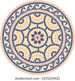 Mosaic circular ornament in blue, yellow and pink coors in classic style. For ceramics, tiles, ornaments, backgrounds and other projects.	