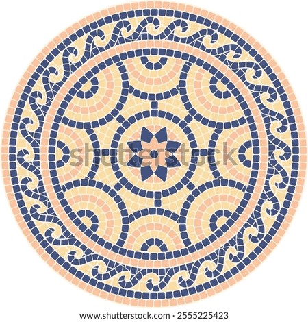 Mosaic circular ornament in blue, yellow and pink coors in classic style. For ceramics, tiles, ornaments, backgrounds and other projects.	